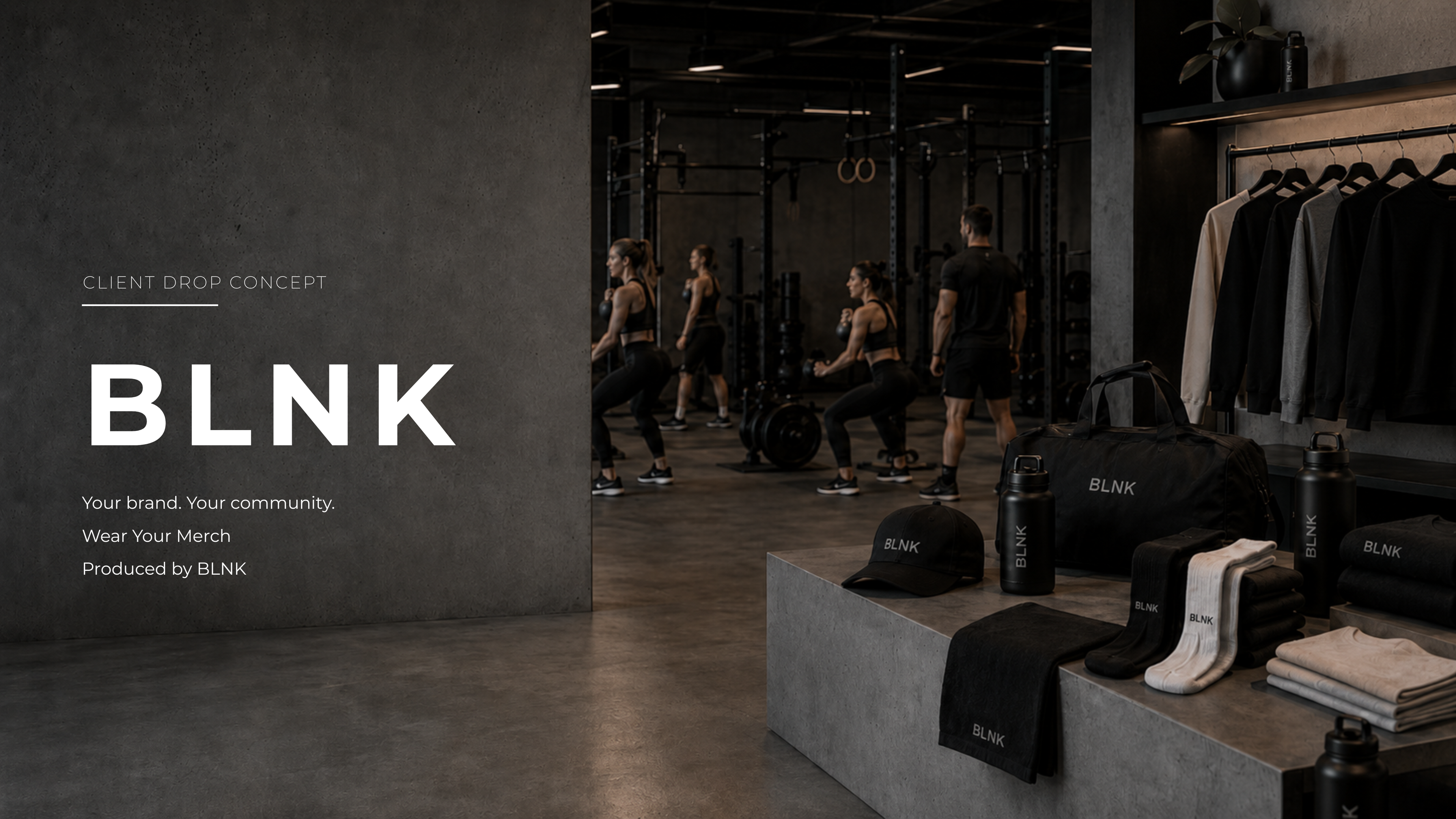 Gym , hyrox, funtional traiingsetting with BLNK branded merchandise displayed, including hats, bags, and clothing.