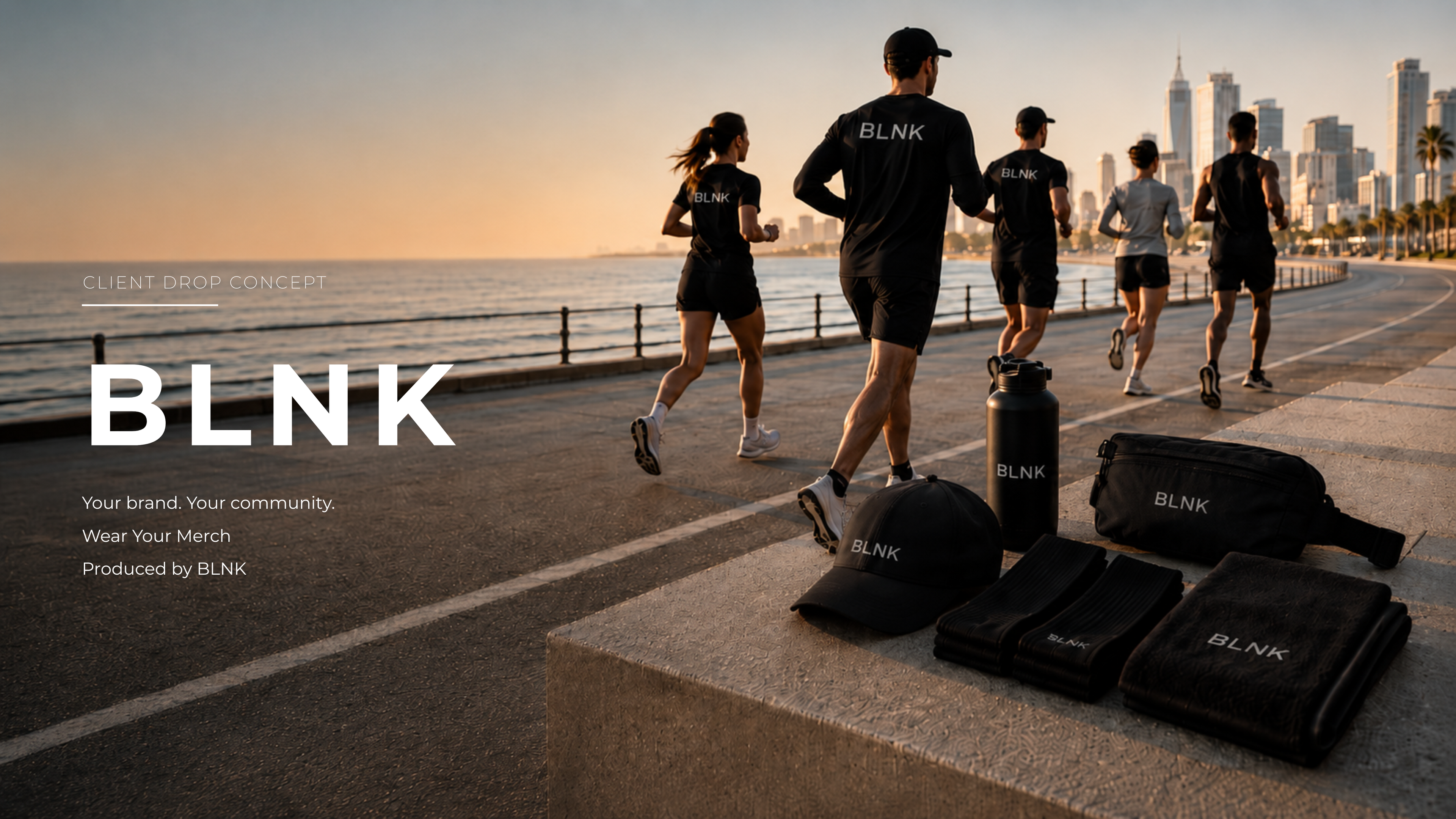 Runners club merch with BLNK branded clothing and gear by the waterfront at sunset.