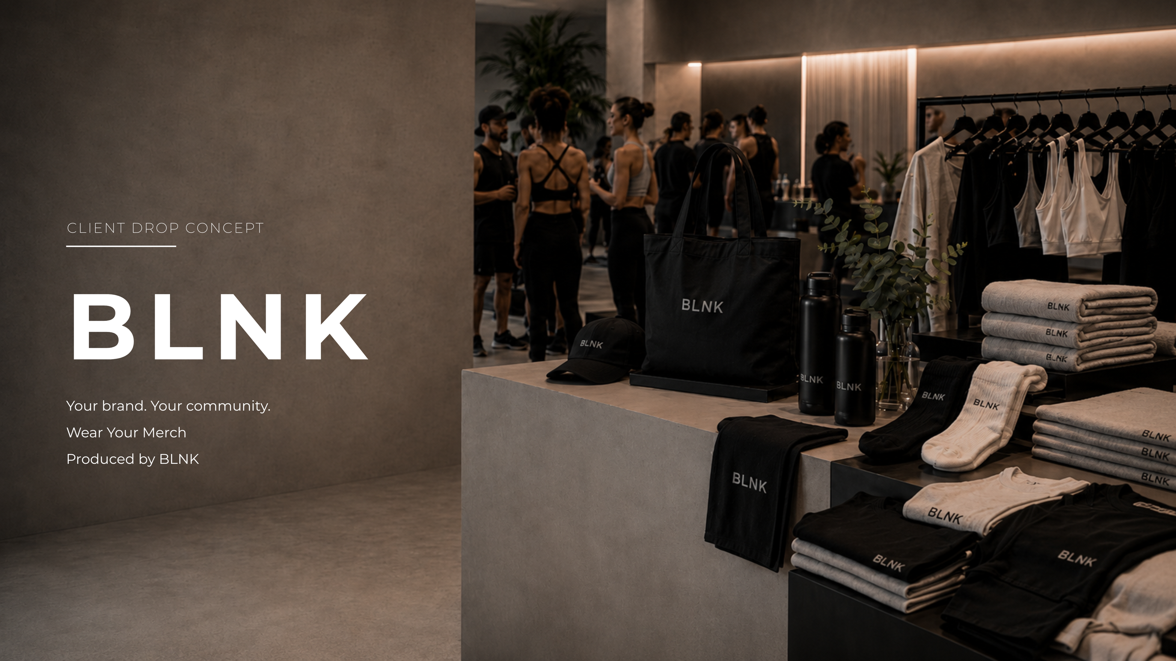 BLNK brand display with clothing and merch in a store and welness event setting 