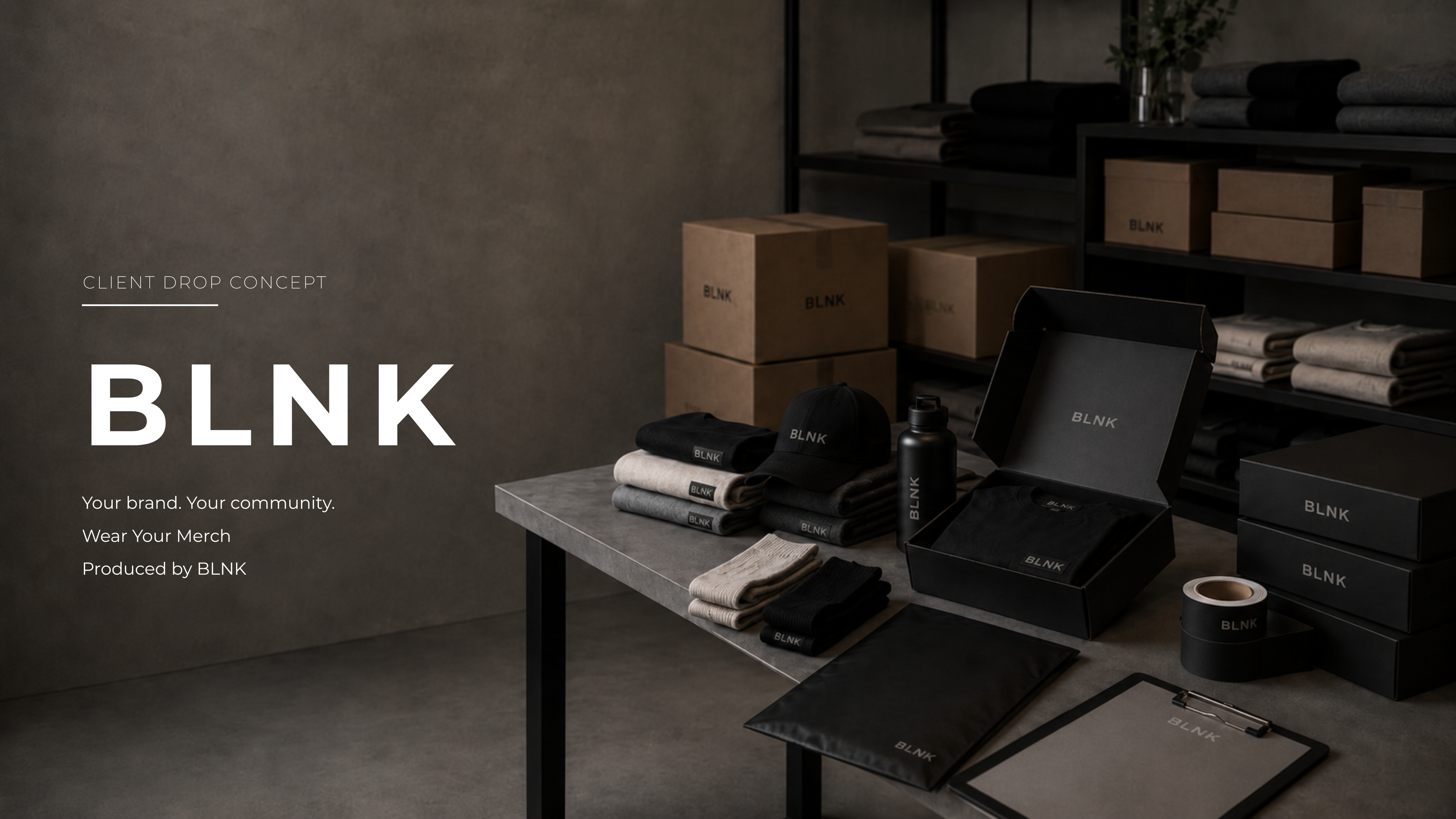 BLNK branded merchandise on a table with boxes in the background