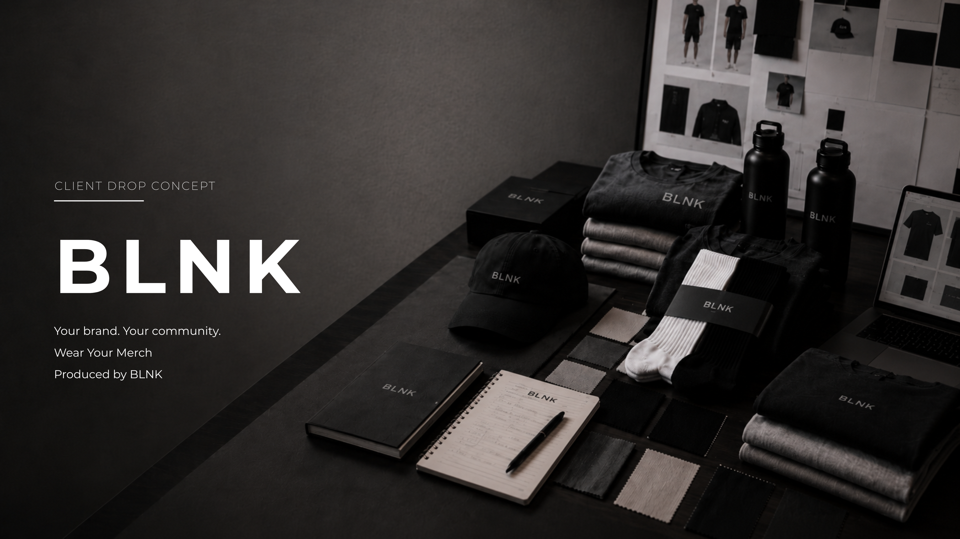 Collection of branded merchandise including hats, notebooks, and bottles on a dark surface with 'BLNK' branding.