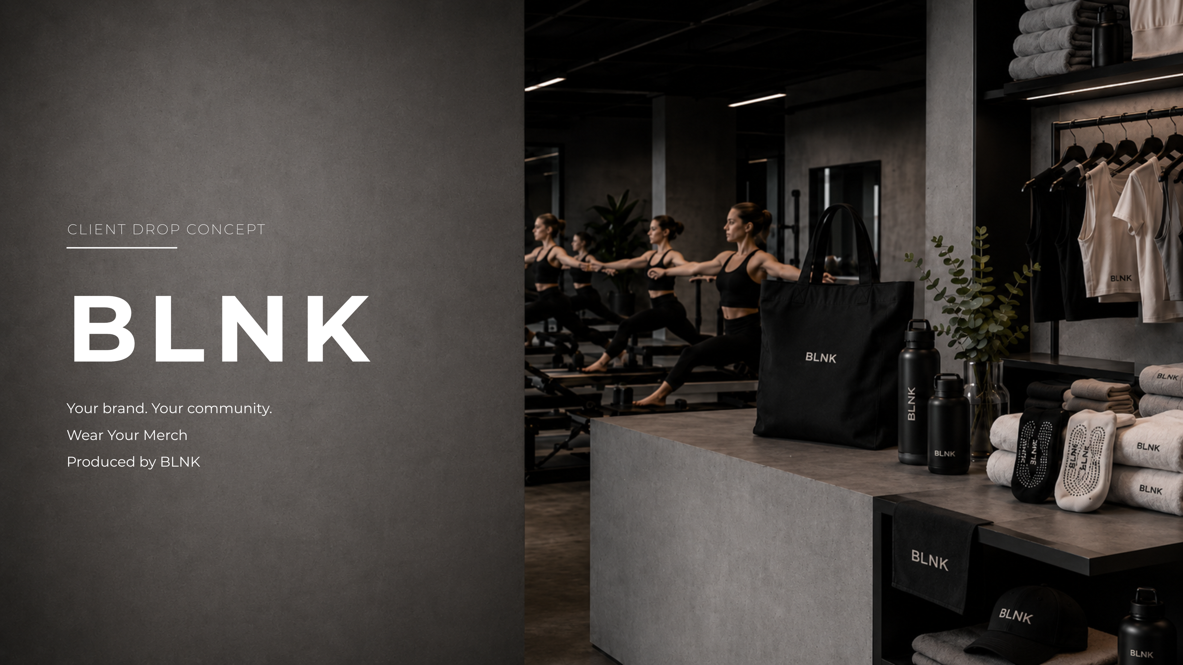 BLNK branding with people exercising in a pilates, barre, lagree studio and merchandise on display.